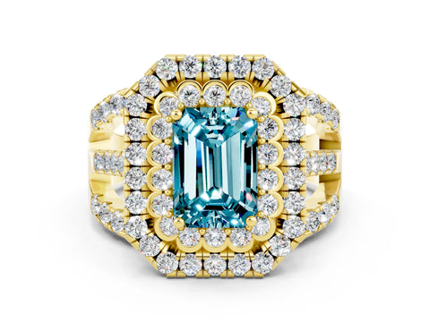 Yellow gold Double Halo Emerald Cut Diamond Split Shank Pave Set Ring