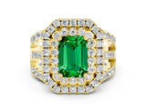 Yellow gold Double Halo Emerald Cut Diamond Split Shank Pave Set Ring
