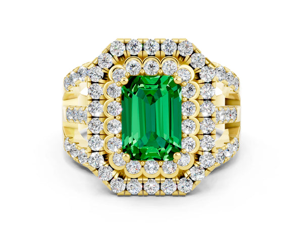 Yellow gold Emerald Cut Emerald Double Halo Ring with Round Pavé Split Shank and Prong Setting