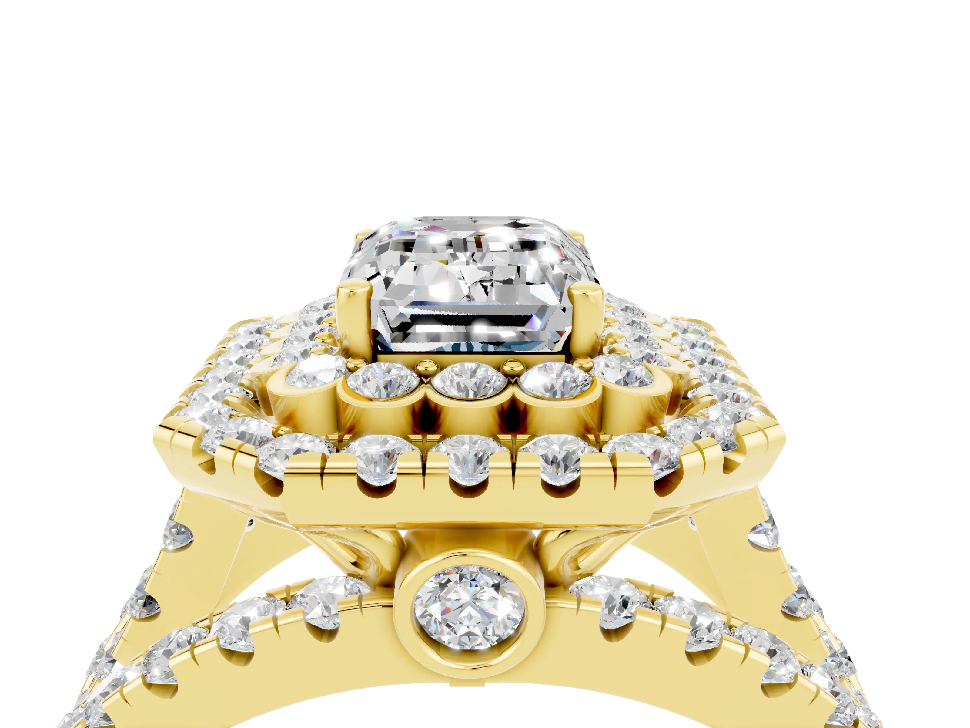 Yellow gold Double Halo Emerald Cut Diamond Split Shank Pave Set Ring_4
