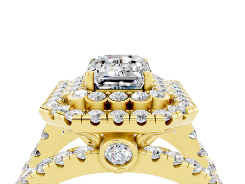 Yellow gold Double Halo Emerald Cut Diamond Split Shank Pave Set Ring_4