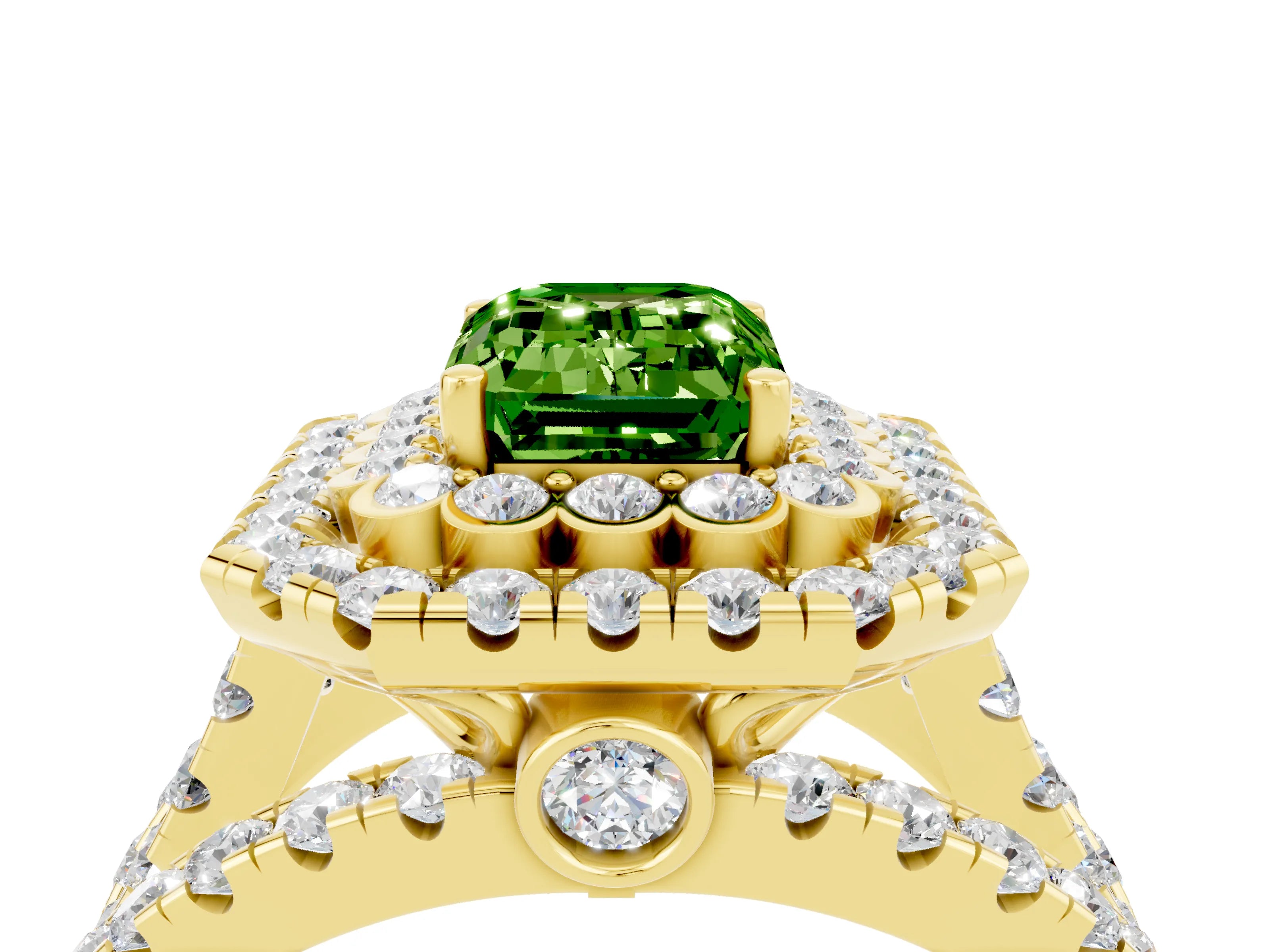 Yellow gold Double Halo Emerald Cut Diamond Split Shank Pave Set Ring_4