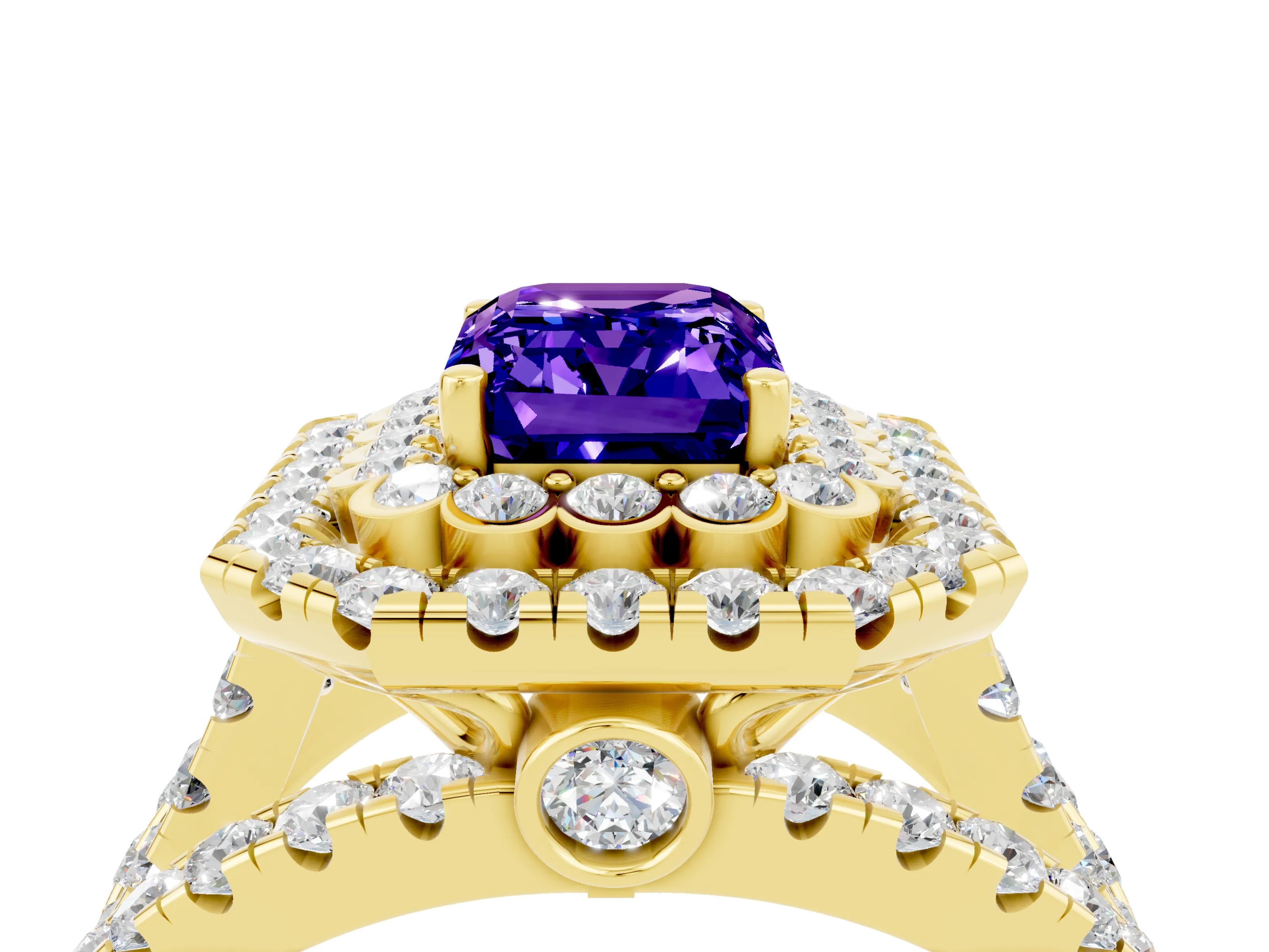 Yellow gold Double Halo Emerald Cut Diamond Split Shank Pave Set Ring_4