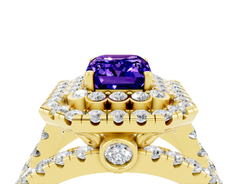 Yellow gold Double Halo Emerald Cut Diamond Split Shank Pave Set Ring_4