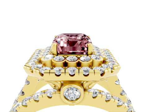 Yellow gold Double Halo Emerald Cut Diamond Split Shank Pave Set Ring_4