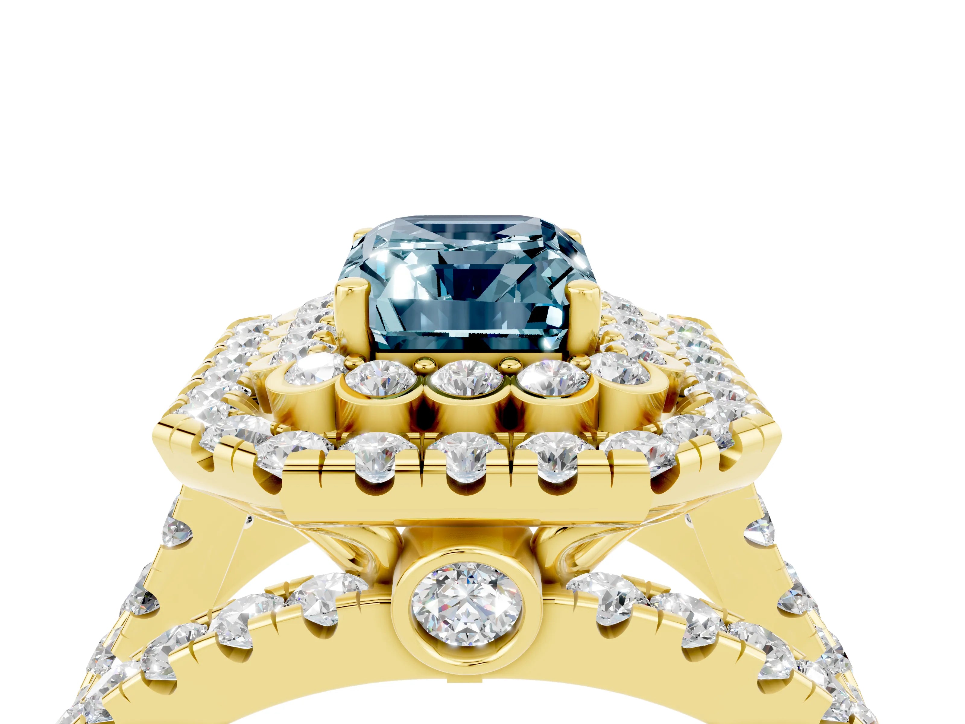 Yellow gold Double Halo Emerald Cut Diamond Split Shank Pave Set Ring_4