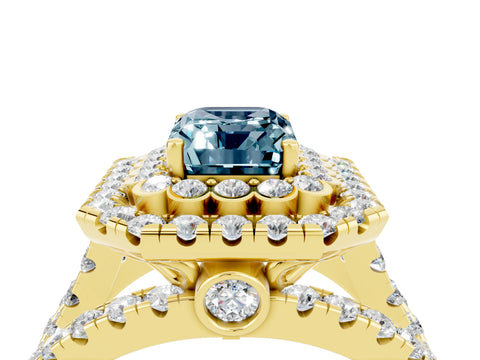 Yellow gold Double Halo Emerald Cut Diamond Split Shank Pave Set Ring_4