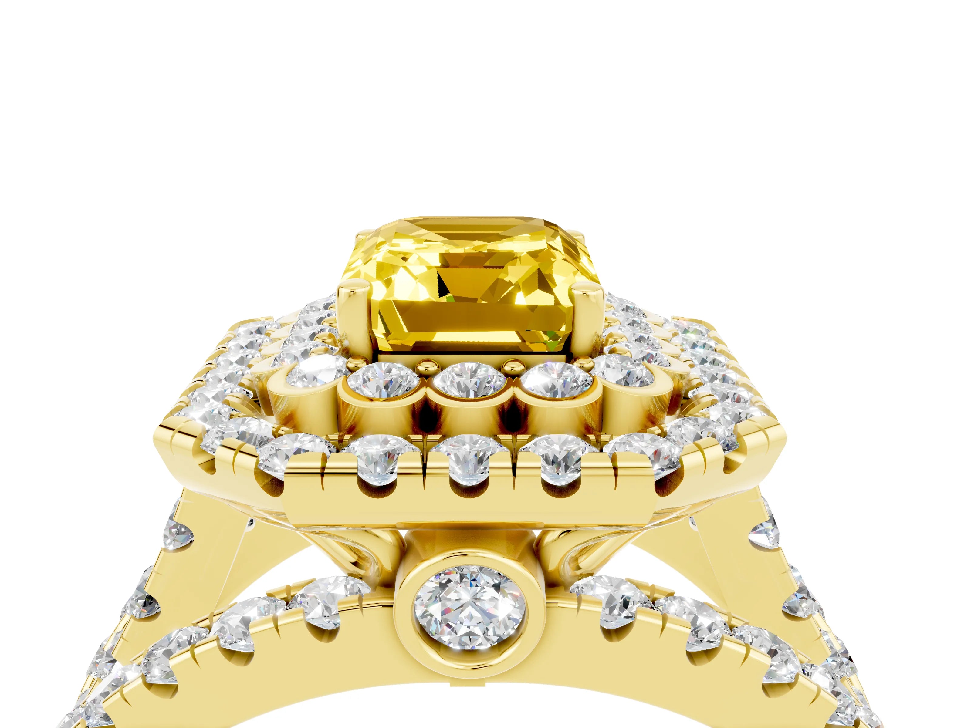 Yellow gold Double Halo Emerald Cut Diamond Split Shank Pave Set Ring_4