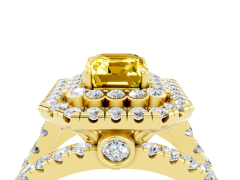 Yellow gold Double Halo Emerald Cut Diamond Split Shank Pave Set Ring_4