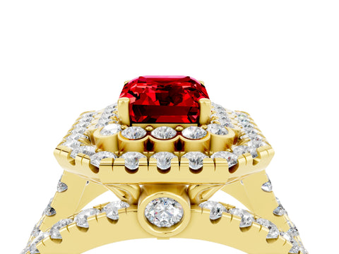 Yellow gold Double Halo Emerald Cut Diamond Split Shank Pave Set Ring_4