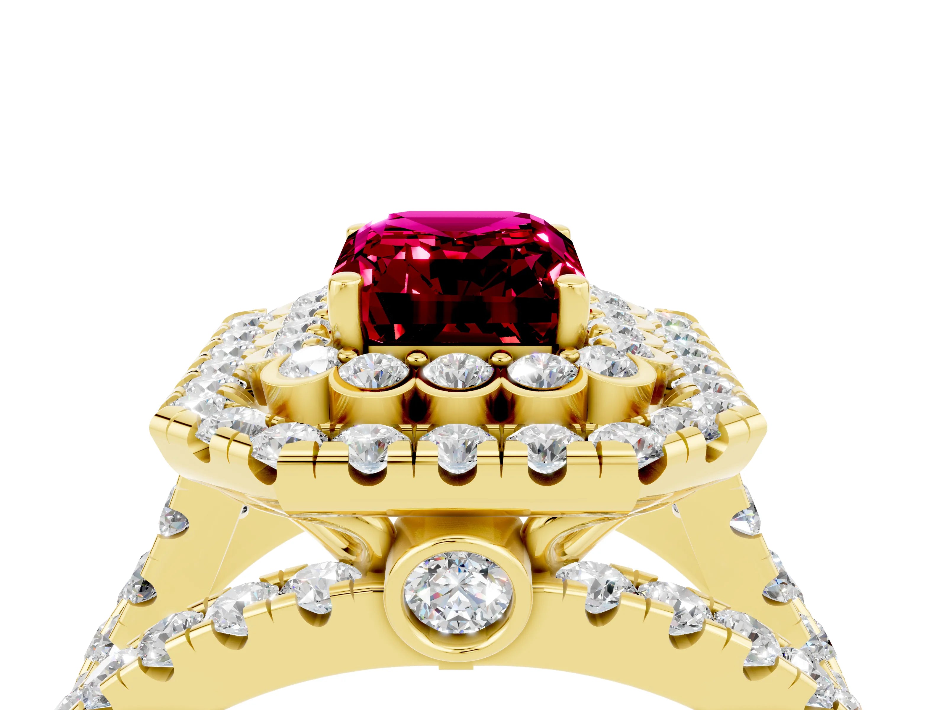 Yellow gold Double Halo Emerald Cut Diamond Split Shank Pave Set Ring_4