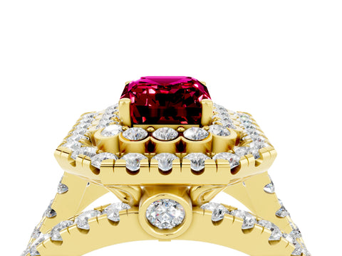 Yellow gold Double Halo Emerald Cut Diamond Split Shank Pave Set Ring_4