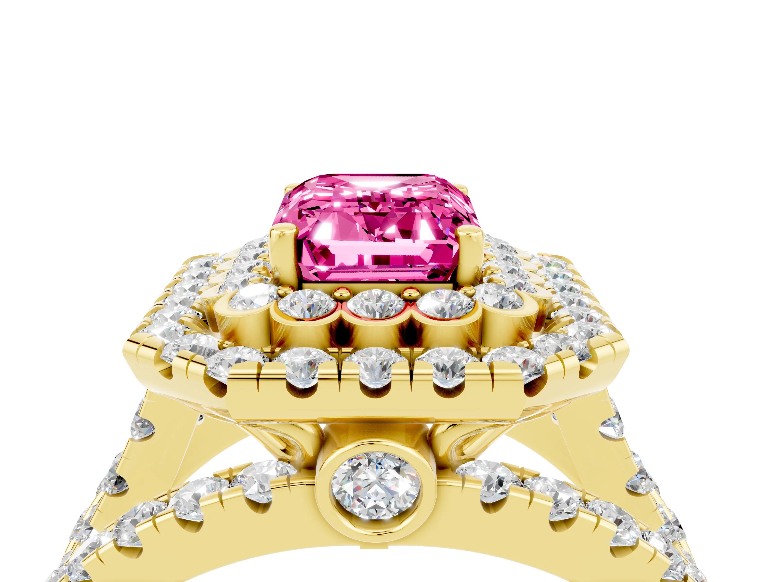 Yellow gold Double Halo Emerald Cut Diamond Split Shank Pave Set Ring_4