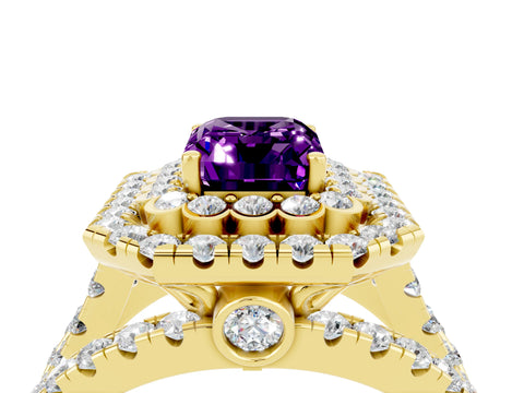 Yellow gold Double Halo Emerald Cut Diamond Split Shank Pave Set Ring_4