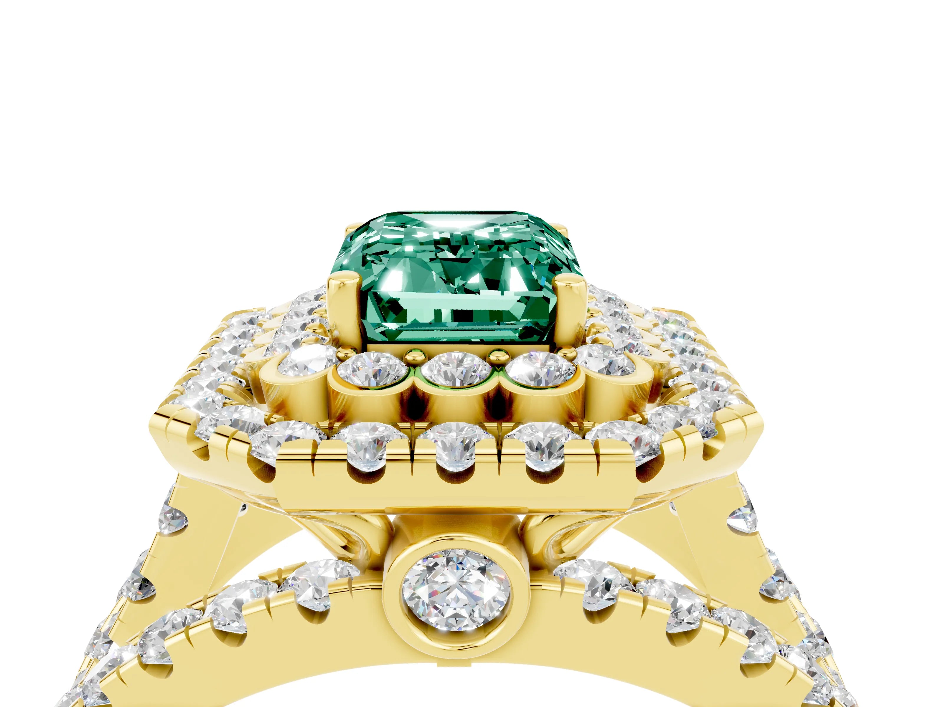 Yellow gold Double Halo Emerald Cut Diamond Split Shank Pave Set Ring_4