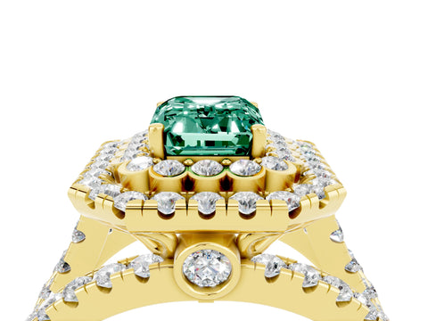 Yellow gold Double Halo Emerald Cut Diamond Split Shank Pave Set Ring_4