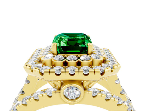 Yellow gold Double Halo Emerald Cut Diamond Split Shank Pave Set Ring_4