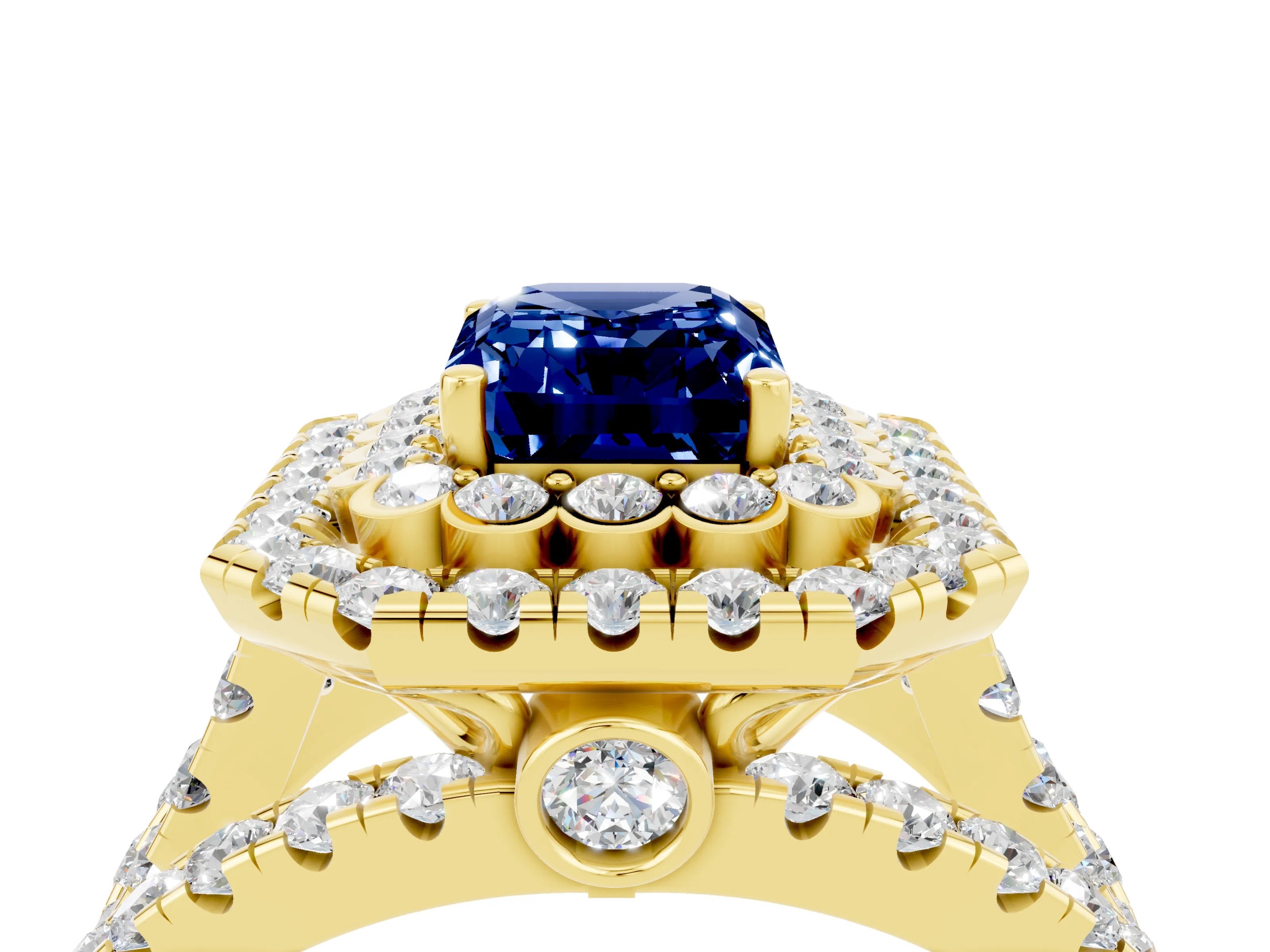 Yellow gold Double Halo Emerald Cut Diamond Split Shank Pave Set Ring_4