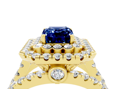 Yellow gold Double Halo Emerald Cut Diamond Split Shank Pave Set Ring_4