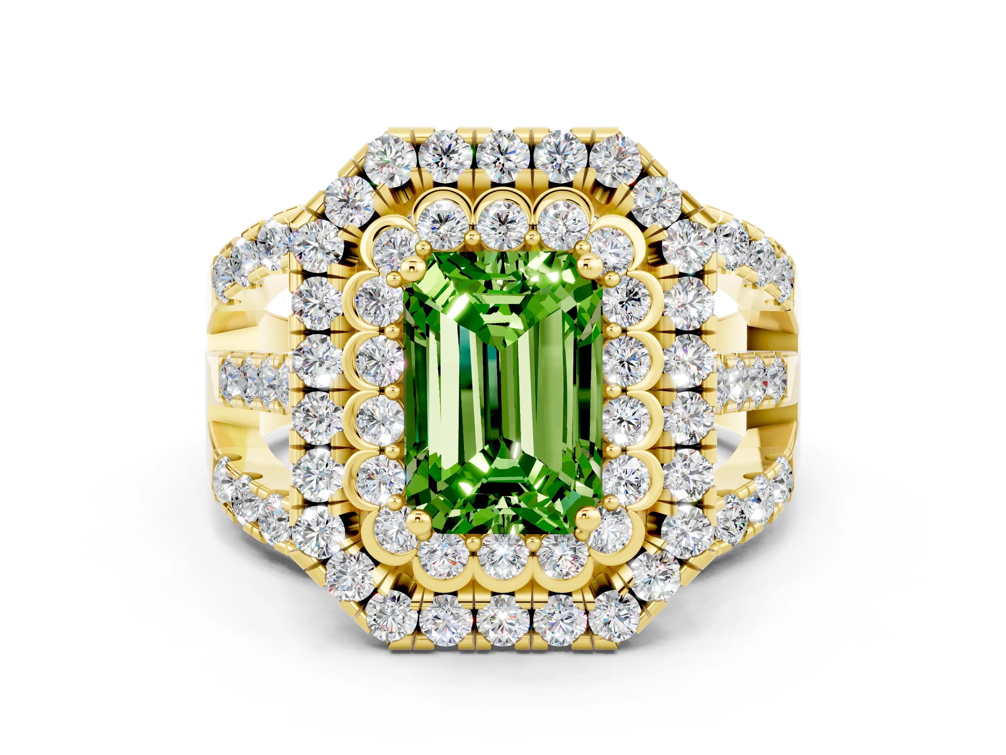 Yellow gold Double Halo Emerald Cut Diamond Split Shank Pave Set Ring