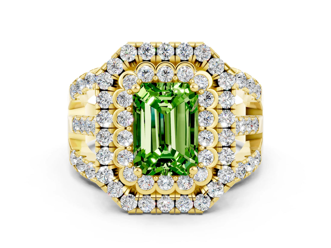 Yellow gold Double Halo Emerald Cut Diamond Split Shank Pave Set Ring