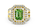 Yellow gold Double Halo Emerald Cut Diamond Split Shank Pave Set Ring