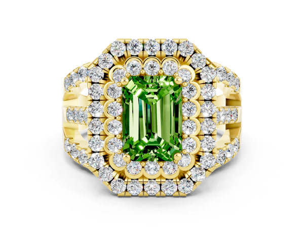 Yellow gold Double Halo Emerald Cut Diamond Split Shank Pave Set Ring