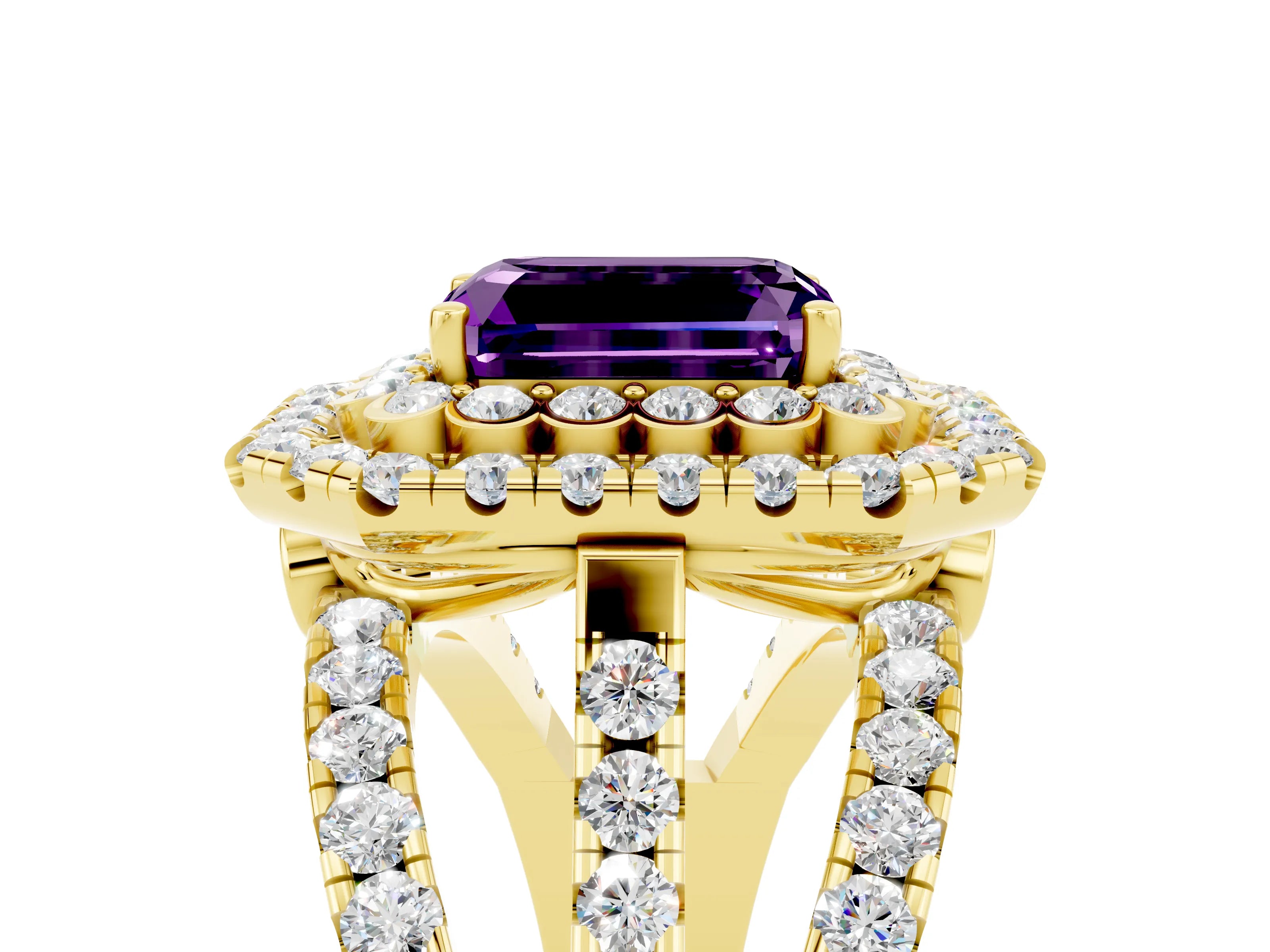 Yellow gold Double Halo Emerald Cut Diamond Split Shank Pave Set Ring_5