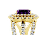 Yellow gold Double Halo Emerald Cut Diamond Split Shank Pave Set Ring_5