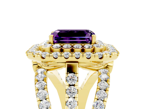 Yellow gold Double Halo Emerald Cut Diamond Split Shank Pave Set Ring_5