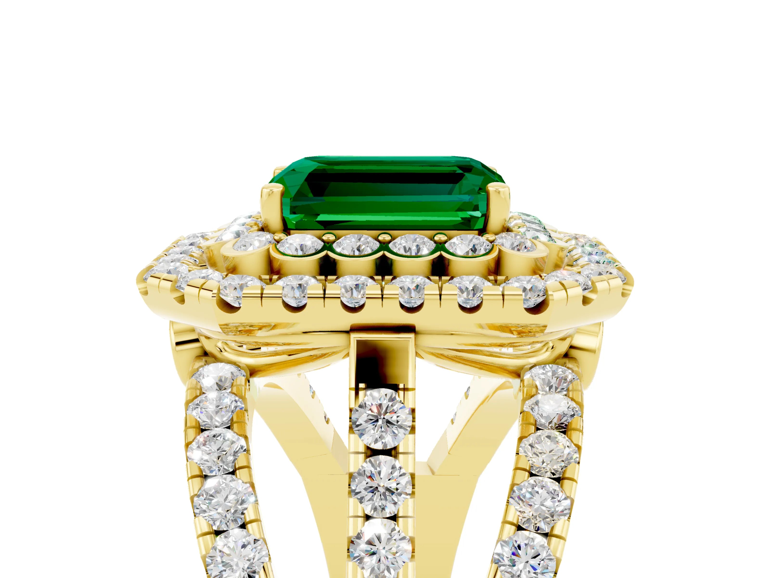 Yellow gold Double Halo Emerald Cut Diamond Split Shank Pave Set Ring_5