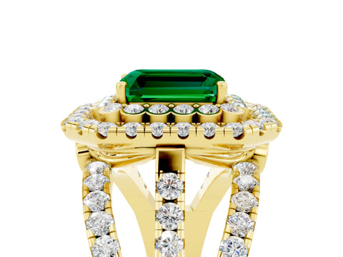 Yellow gold Double Halo Emerald Cut Diamond Split Shank Pave Set Ring_5