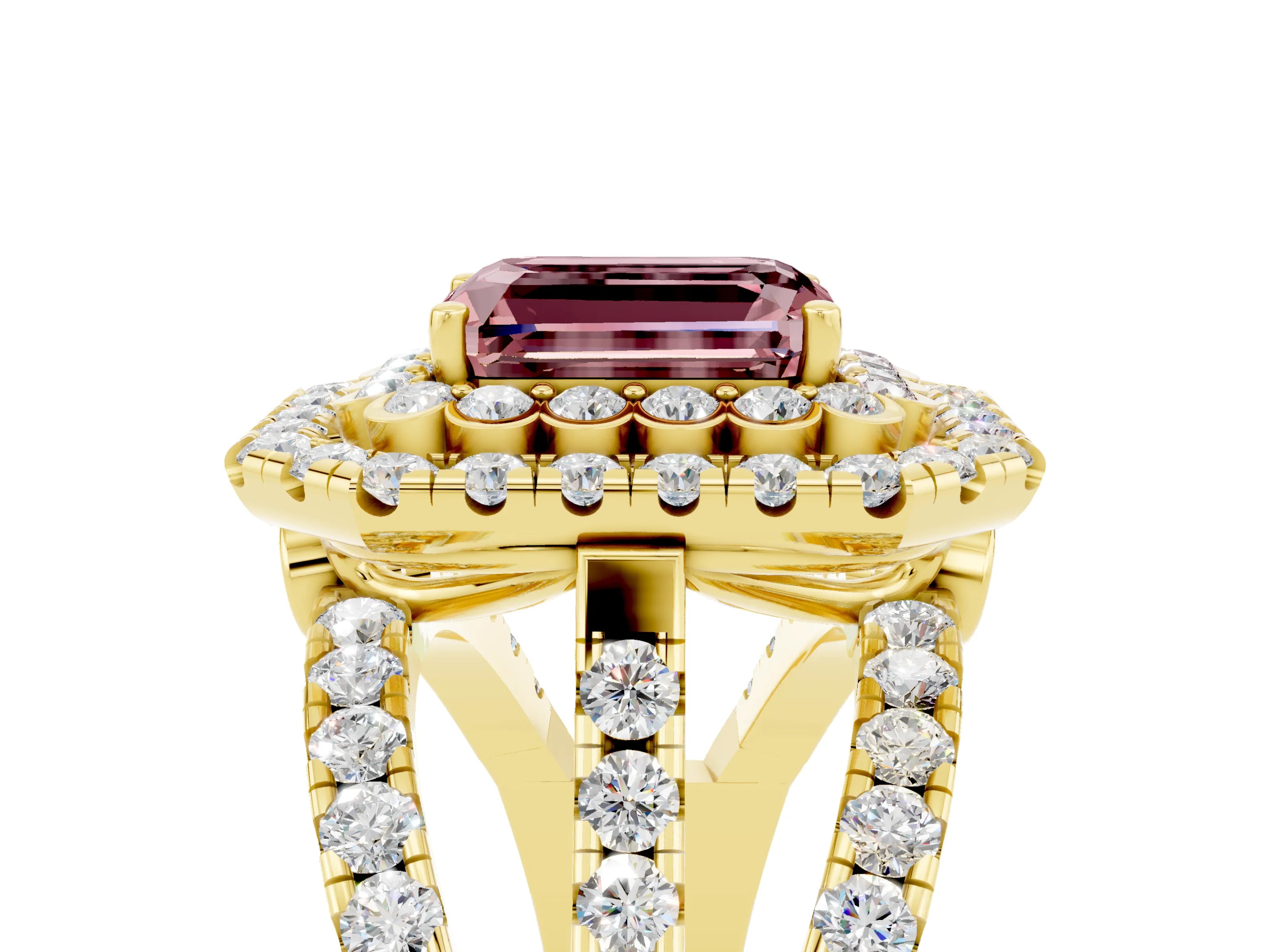 Yellow gold Double Halo Emerald Cut Diamond Split Shank Pave Set Ring_5