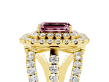 Yellow gold Double Halo Emerald Cut Diamond Split Shank Pave Set Ring_5