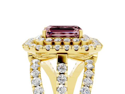 Yellow gold Double Halo Emerald Cut Diamond Split Shank Pave Set Ring_5