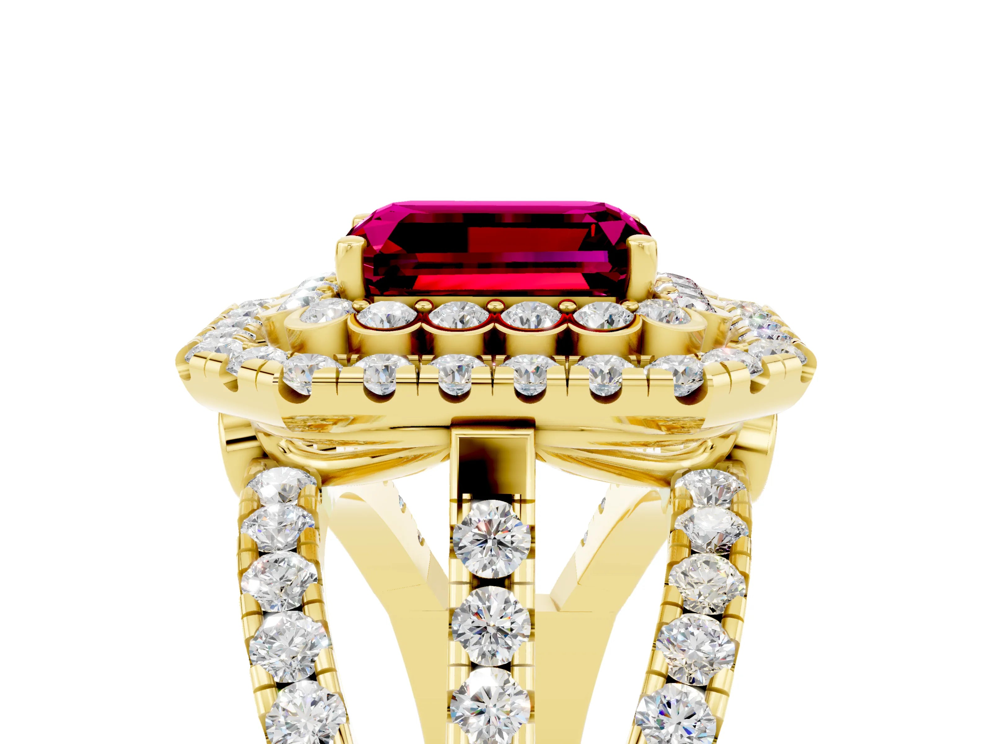 Yellow gold Double Halo Emerald Cut Diamond Split Shank Pave Set Ring_5