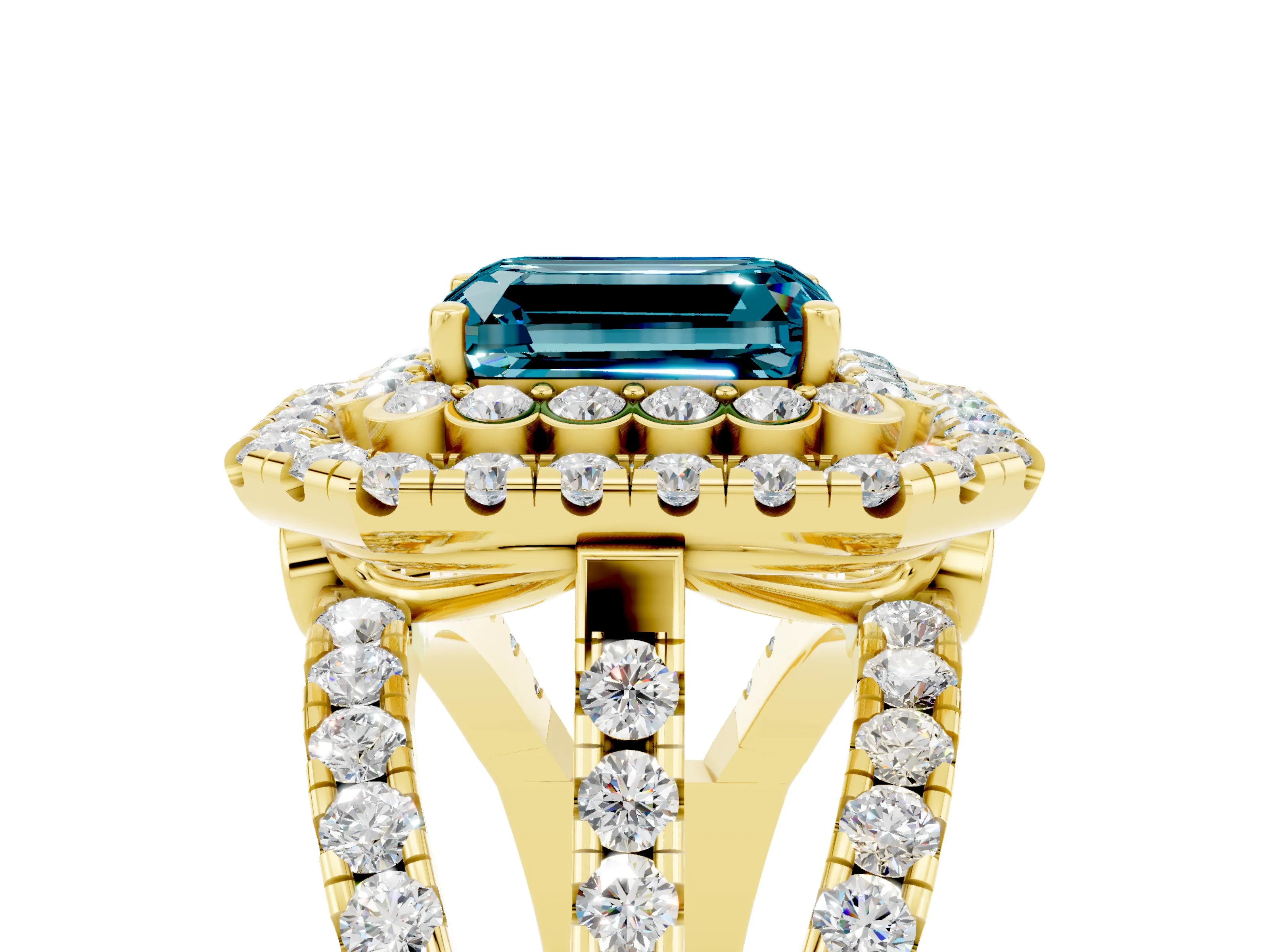 Yellow gold Double Halo Emerald Cut Diamond Split Shank Pave Set Ring_5