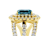 Yellow gold Double Halo Emerald Cut Diamond Split Shank Pave Set Ring_5