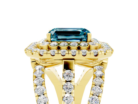 Yellow gold Double Halo Emerald Cut Diamond Split Shank Pave Set Ring_5