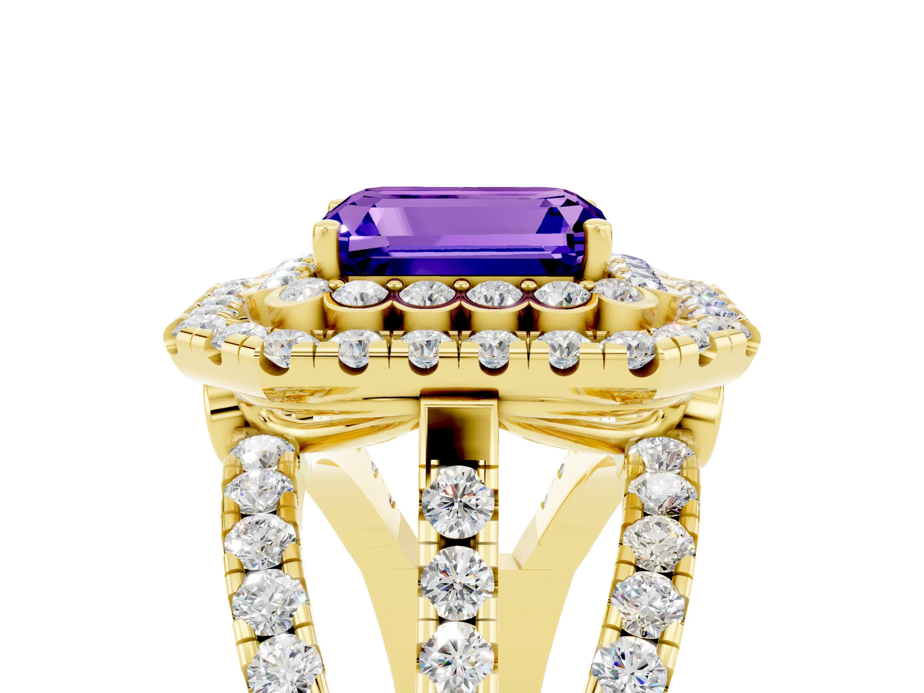Yellow gold Double Halo Emerald Cut Diamond Split Shank Pave Set Ring_5
