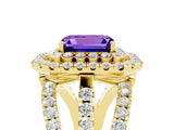 Yellow gold Double Halo Emerald Cut Diamond Split Shank Pave Set Ring_5