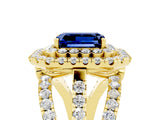 Yellow gold Double Halo Emerald Cut Diamond Split Shank Pave Set Ring_5