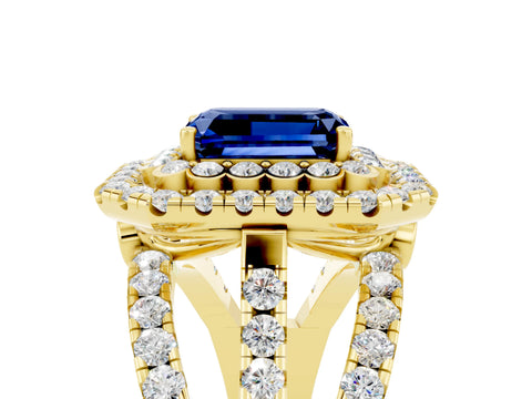 Yellow gold Double Halo Emerald Cut Diamond Split Shank Pave Set Ring_5