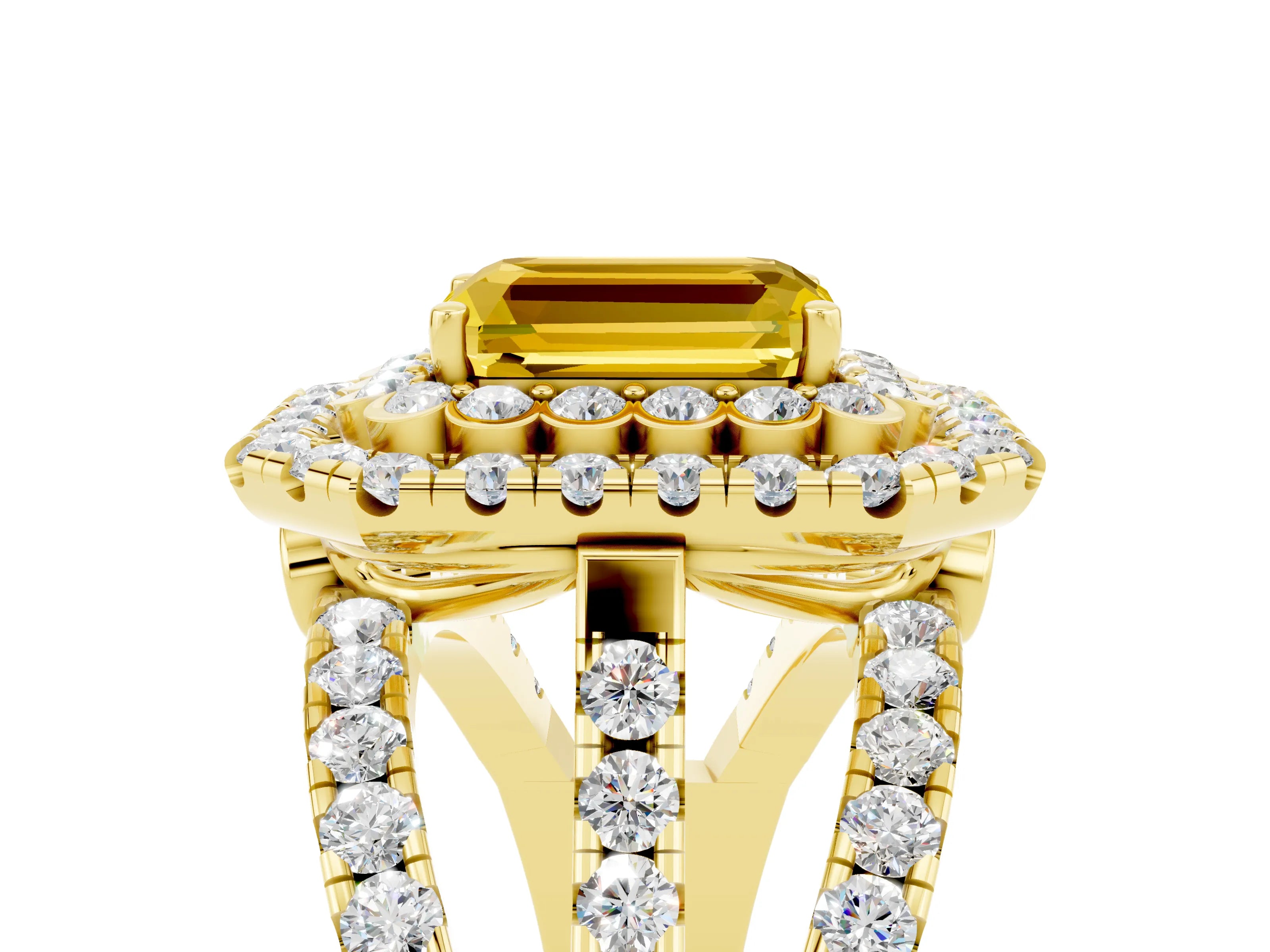 Yellow gold Double Halo Emerald Cut Diamond Split Shank Pave Set Ring_5