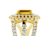 Yellow gold Double Halo Emerald Cut Diamond Split Shank Pave Set Ring_5