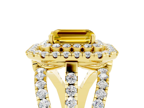 Yellow gold Double Halo Emerald Cut Diamond Split Shank Pave Set Ring_5