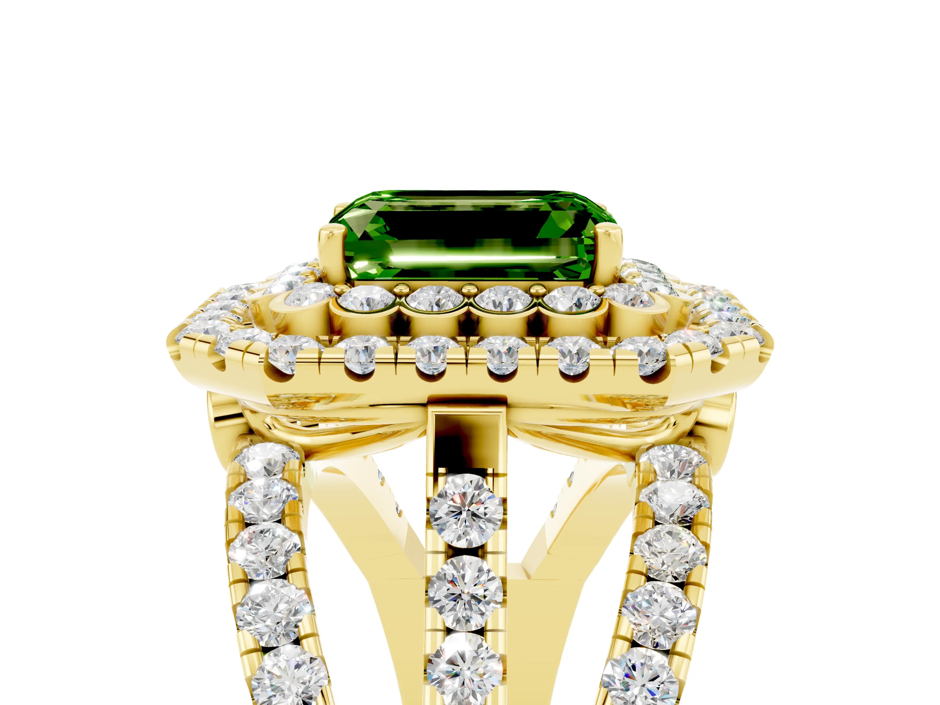 Yellow gold Double Halo Emerald Cut Diamond Split Shank Pave Set Ring_5