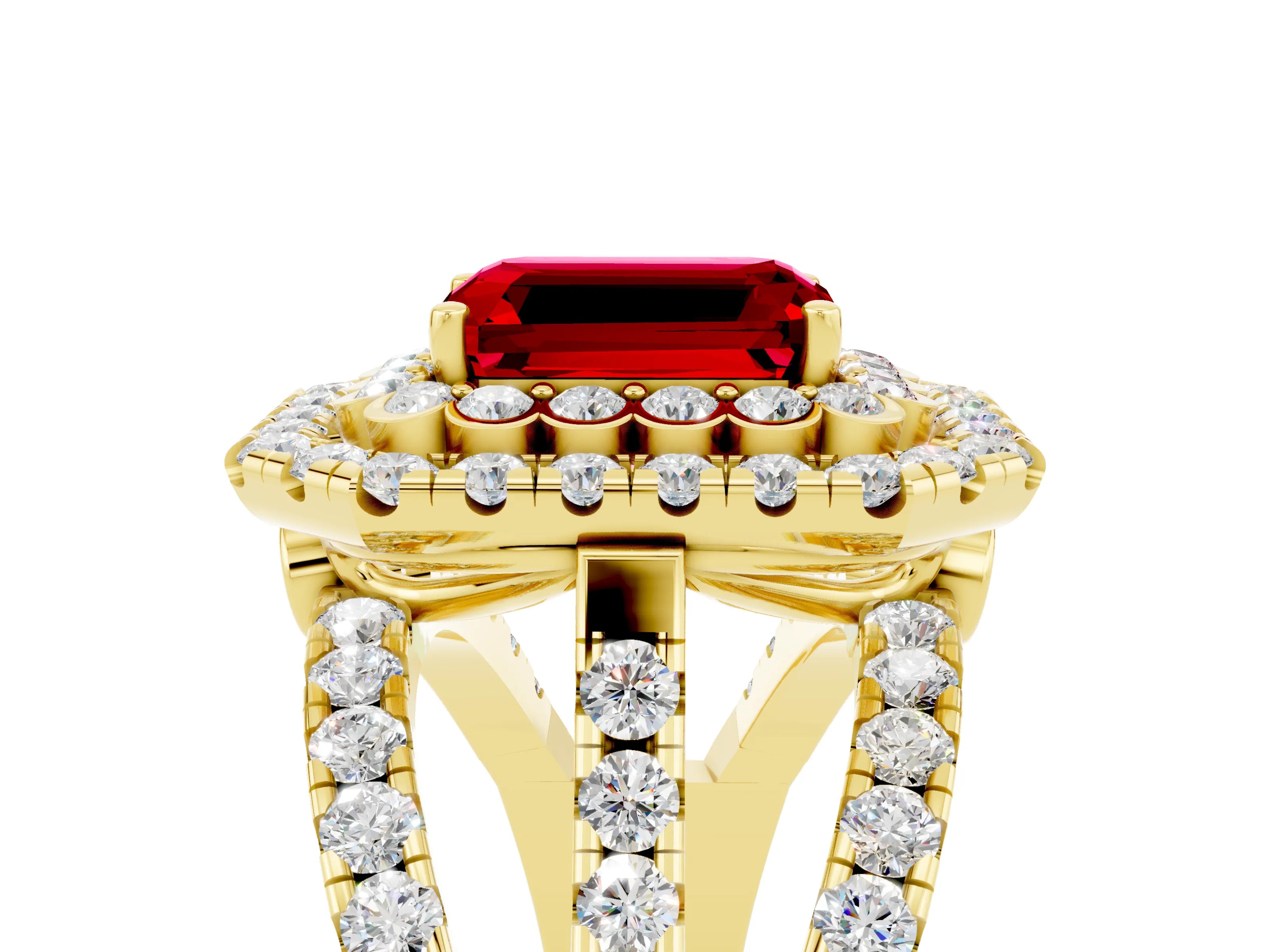 Yellow gold Double Halo Emerald Cut Diamond Split Shank Pave Set Ring_5