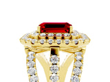 Yellow gold Double Halo Emerald Cut Diamond Split Shank Pave Set Ring_5