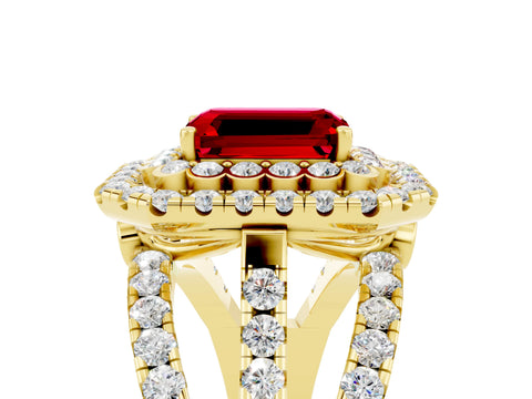 Yellow gold Double Halo Emerald Cut Diamond Split Shank Pave Set Ring_5